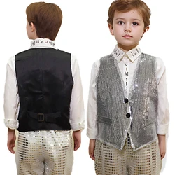 Boys Sparkling Sequin Vest Shiny Sleeveless Button Jacket Tops Hip-hop Latin Dance Stage Performance Costume Child Waistcoat