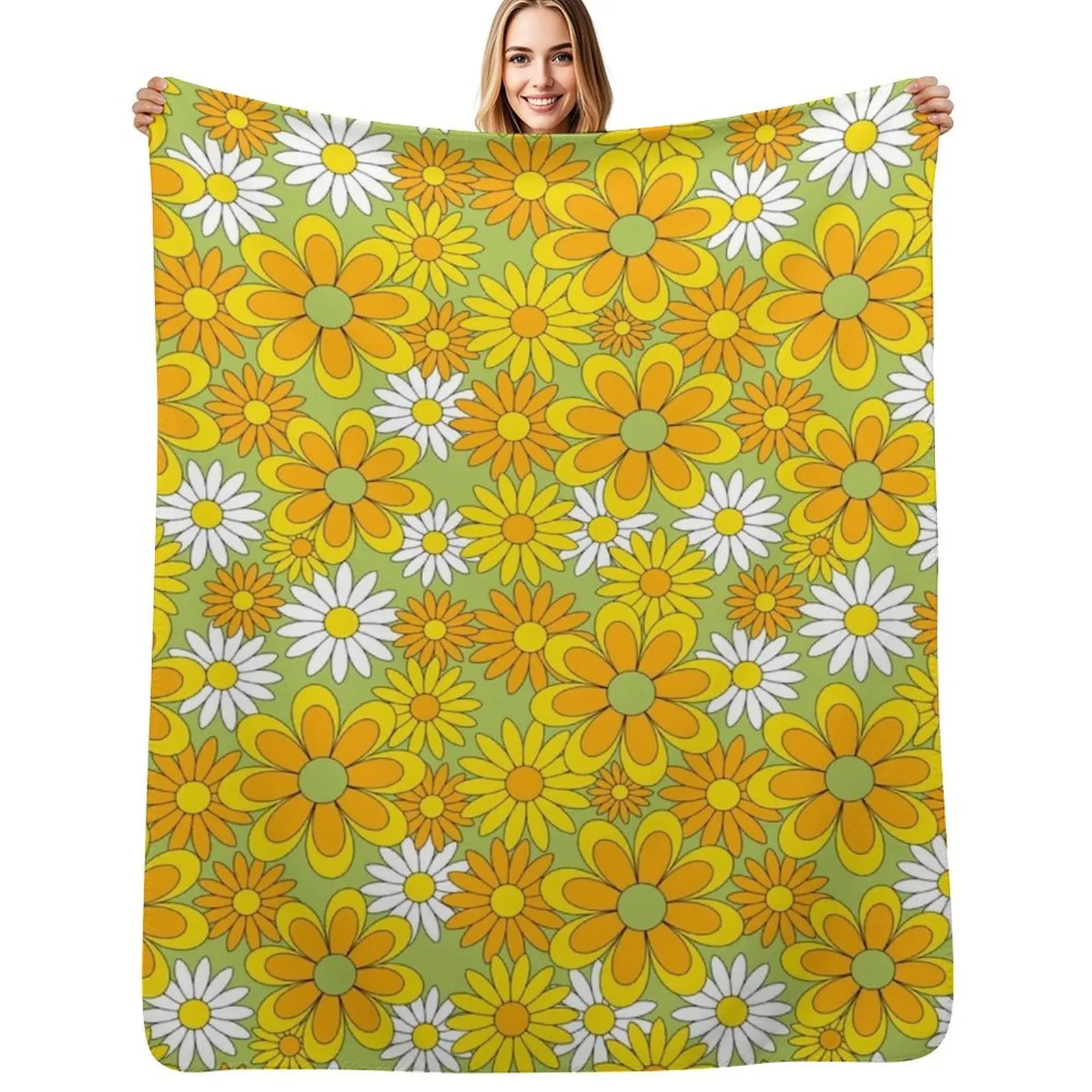 70s Flower Power Green Orange Yellow Retro Daisy Throw Blanket Personalized Gift Retros Shaggy Custom Flannel Furrys Blankets