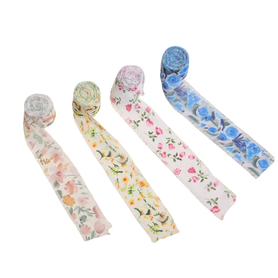 1 Rolle 5m*4cm Ausgefranstes Satinband mit handbedruckten Blumen aus Chiffon-Seide für Hochzeitssträuße, Geburtstagsfeiern und DIY-Dekorationen – Detail 7