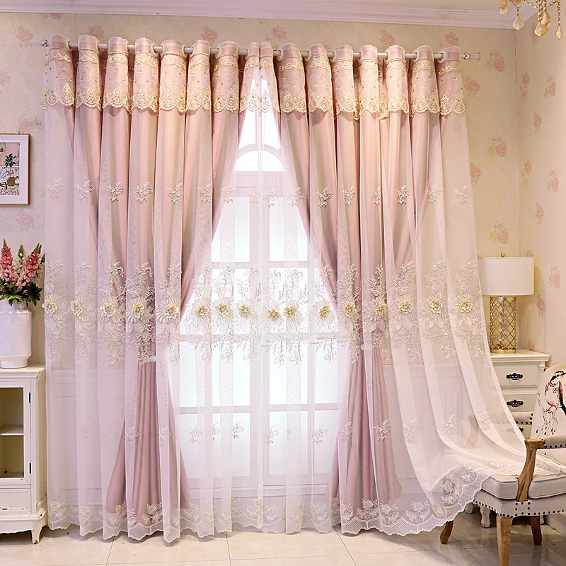 Minimalist Relief Embroidered Curtain Double-Layer Gauze Pink Water Wave Mantle Valance Blackout Customized Curtains New Modern