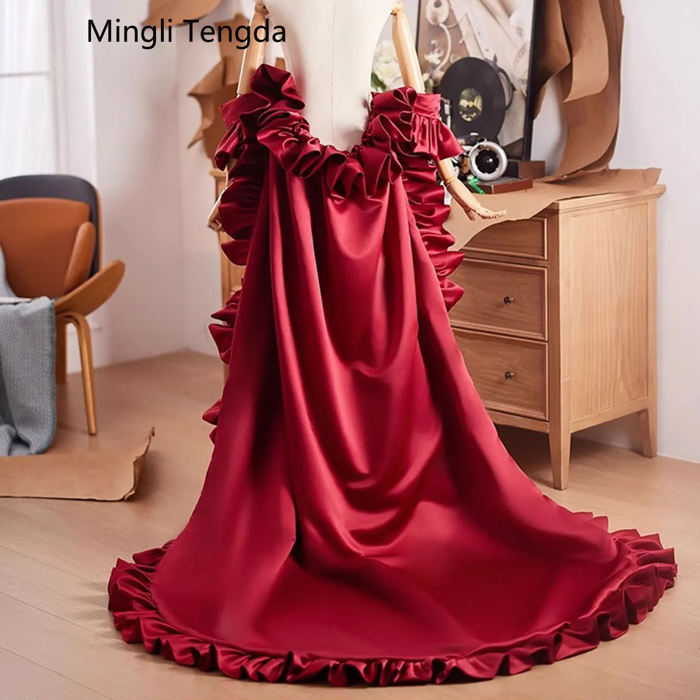 

Mingli Tengda Satin Train with Short Sleeves Wedding Bridal Detachable Wrap Accessories Women Cloak Bolero Lotus Leaf Edge Shawl