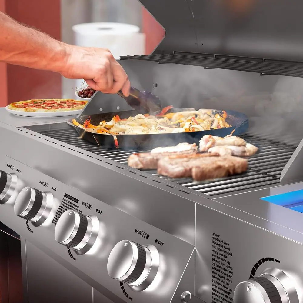 4-Burner Stainless Steel Propane BBQ Grill with Side Burner and Built-in Thermometer for Outdoor Cooking