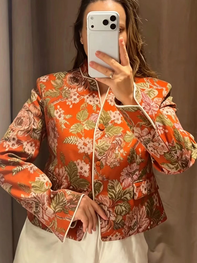 TFMLN Autumn Women's Printed Suit Jacket Chic Floral Print Long Sleeve Elegant Coat New Lady Commute Stand Collar Blazer Jackets