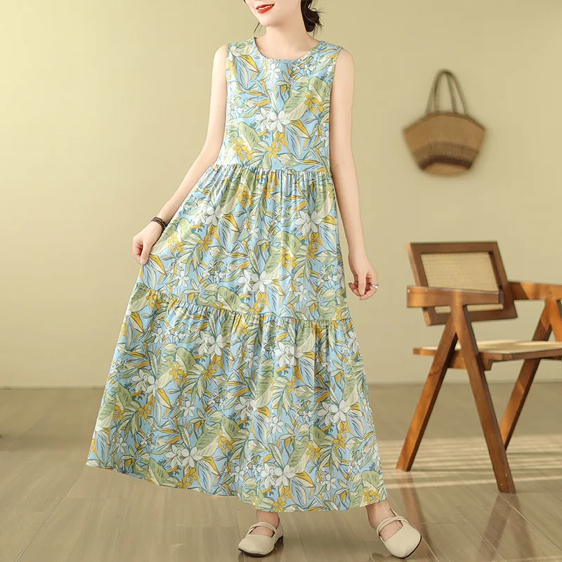 Elegante blumen druck Casual Lose Ärmellose Maxi Kleider Sommer frauen Kleid Dünne Hohe Taille Oansatz Mode Kleid Frau
