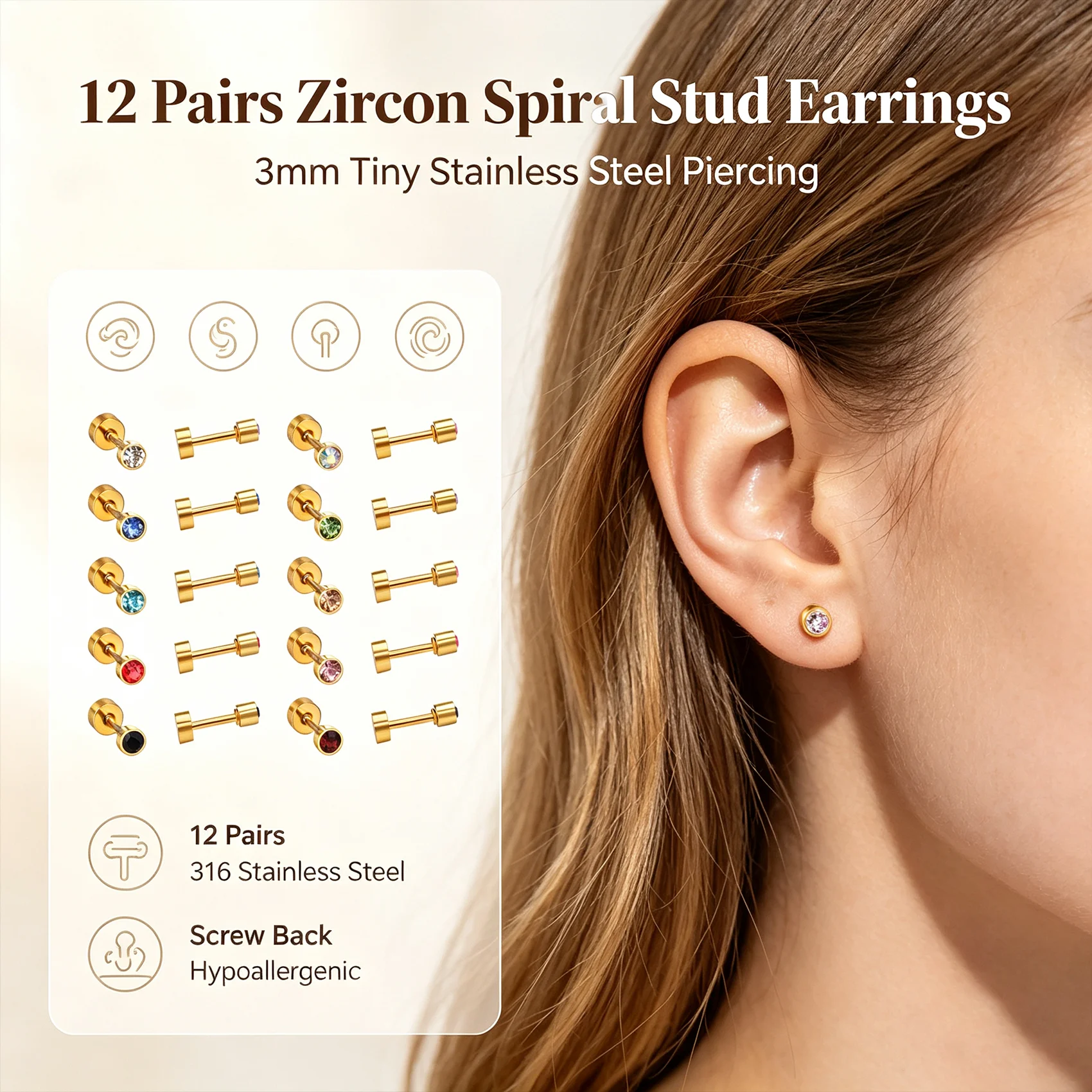 12 Pairs 3-6mm CZ Zircon Screw Back Earrings 316L Stainless Steel Hypoallergenic Cartilage Piercing Multicolor Jewelry For Women