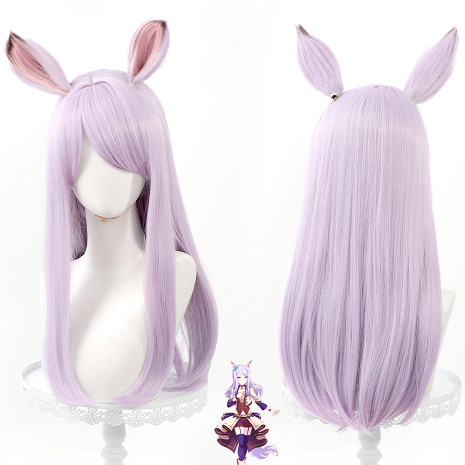 Purple Straight Cosplay Wig with Ears and Ponytail Heat Resistant Synthetic Hair for Cosplay Events