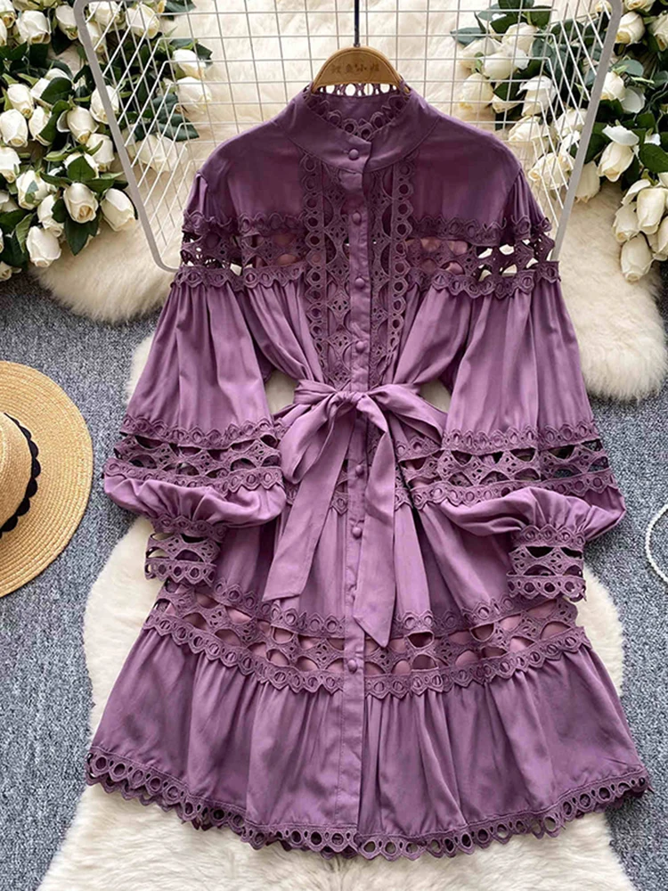 

2025 Spring Summer Retro Palace Style Dress Women's New Lantern Sleeves Lace Hollow Out Long Sleeved Mini Dress D12