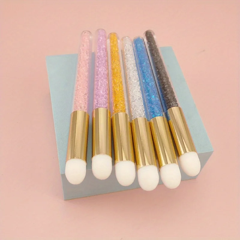 6pcs Transparent Diamond Glitter Makeup Brush Multi-color Long Stem Mousse Cleaning Brush Soft Fiber Bristle Lipstick Brush