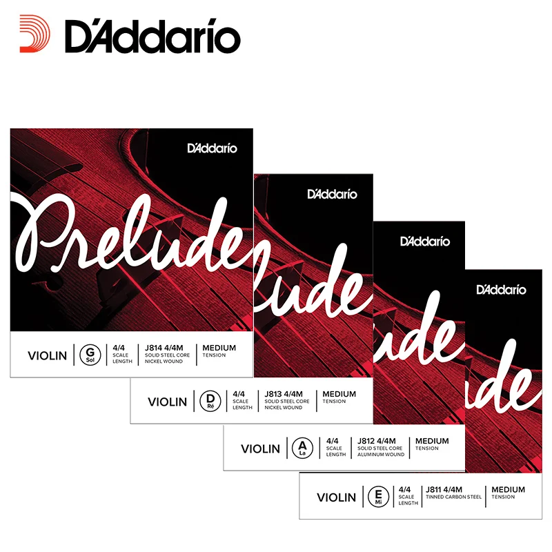 Juego de cuerdas para violín D\'Addario Prelude J810 E-A-D-G 4 cuerdas Núcleo de acero sólido Extremo de bola de tensión media disponible en tamaño