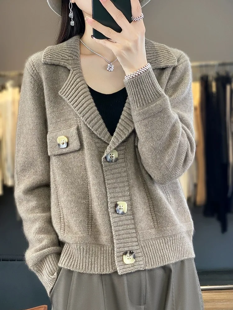 100% cashmere cardigan women\'s suit collar solid color all-in-one top loose slimming short wool knit sweater coat