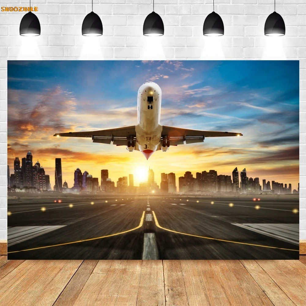 Fondo de fotografía de avión en el cielo, cartel de fiesta de cumpleaños para niño, retrato de bebé, sesión de fotos, fondo de zona fotográfica para estudio fotográfico