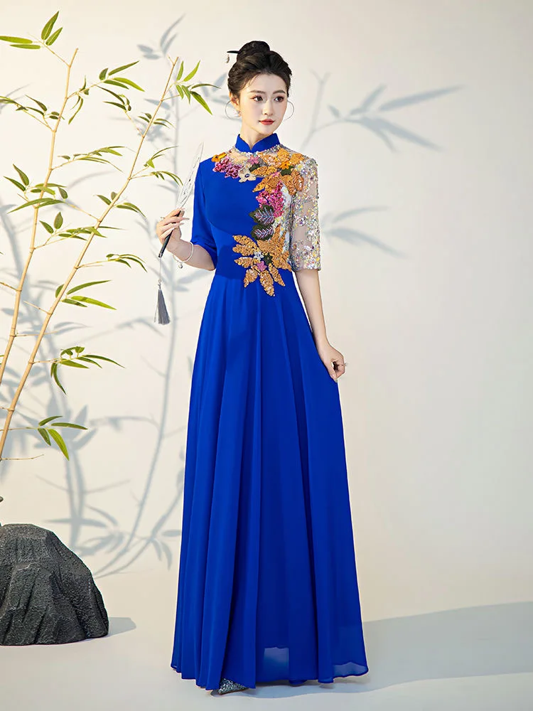 Performance costume long Chinese style host evening dress