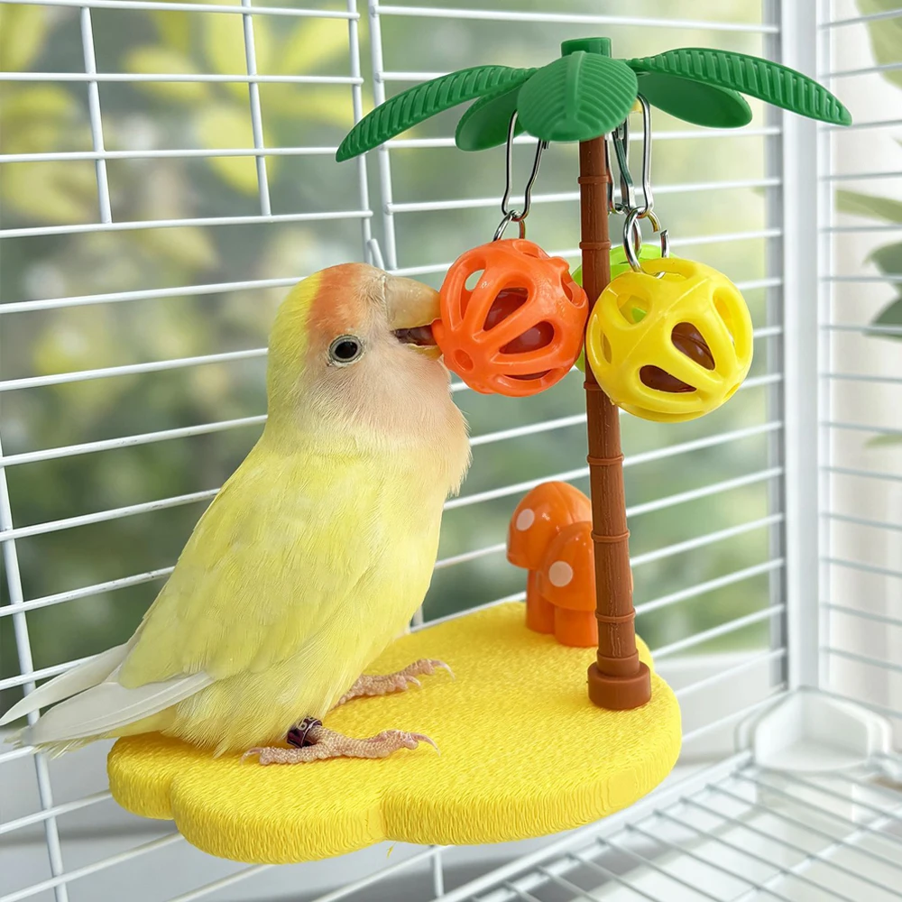 Plataforma de Descanso para Pájaros Tropicales con Campana y Pelota, Juguete Interactivo para Periquitos y Cacatúas, Accesorio para Jaula que Alivia el Aburrimiento y Estimula el Desarrollo Molar