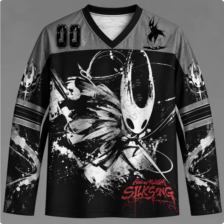 Hollow Knight Silksong Hockey Jersey Long Sleeve Unisex 3D Print Game Art V-neck Oversized Streetwear Punk Black Gray Top