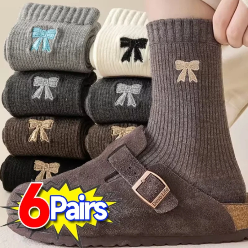 

6 пар осенне-зимних удобных носков до середины икры с ретро-бантом, дышащие, комфортные, эластичные, мягкие и теплые.