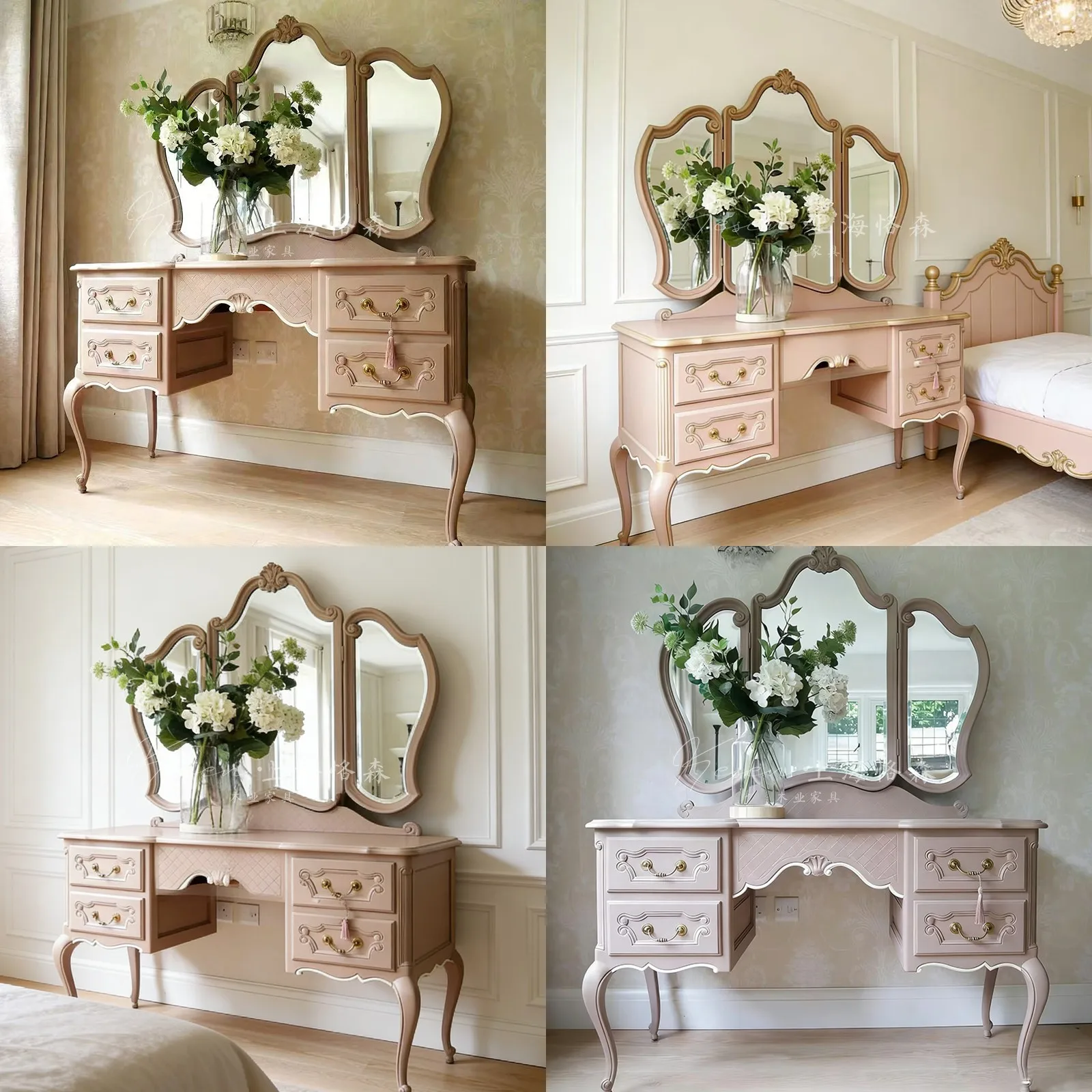 Glamorous Vintage Vanity Table with Mirror & Stool for Bedroom, Modern Makeup Dressing Table, French Retro Distressed Style
