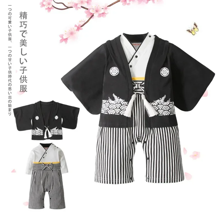 Kids Japanese Kimono Style Baby Boys Toddler Infant Cotton Striped Romper Kimono Boys Jumpsuit Clothes Set Costume