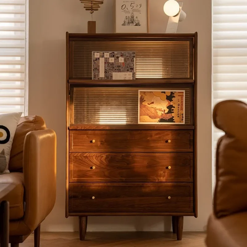 

Side cabinet, black walnut Nordic living room sofa side cabinet, locker solid wood kitchen storage cupboard