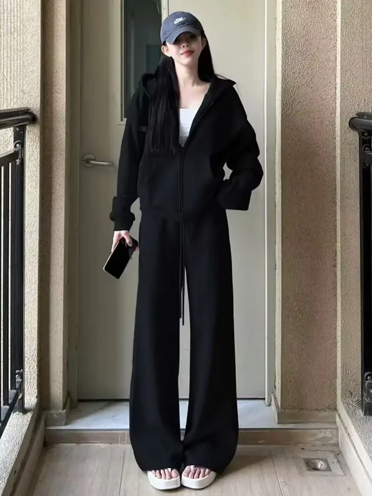 Laid-back Style Women's Sportswear Set Casual Running Outfit Two-Piece Korean Fashion Sweatshirt Long Sleeve Zipper Polyester