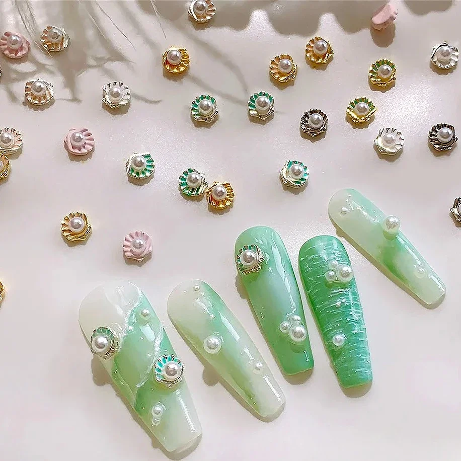 Exquisito y bonito corona de perlas de concha, estrella de mar, diamantes de imitación de Metal, joyería de aleación para playa y mar, accesorios para decoración de uñas