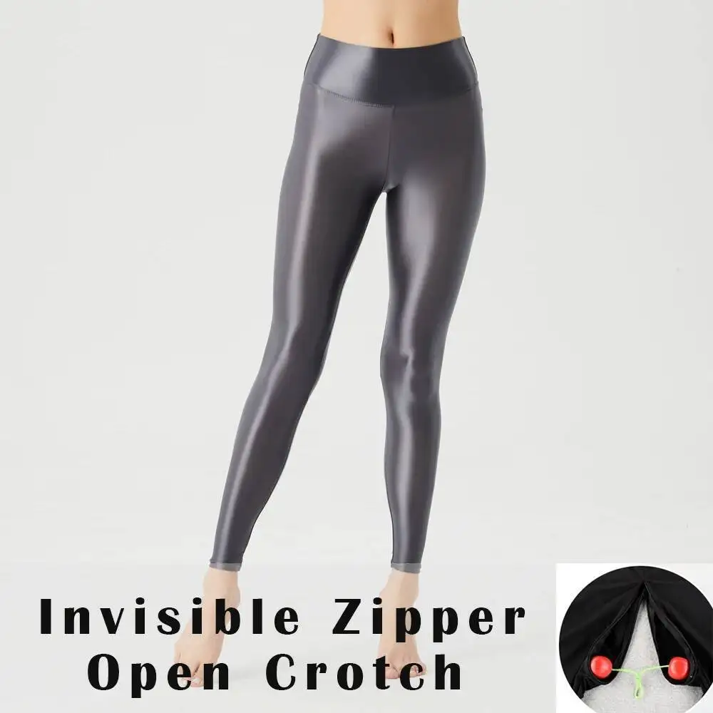 Fermeture éclair Invisible entrejambe ouvert été brillant Ultra-mince voir à travers les pantalons de Yoga taille haute Leggings Sexy pantalons serrés en Satin femmes