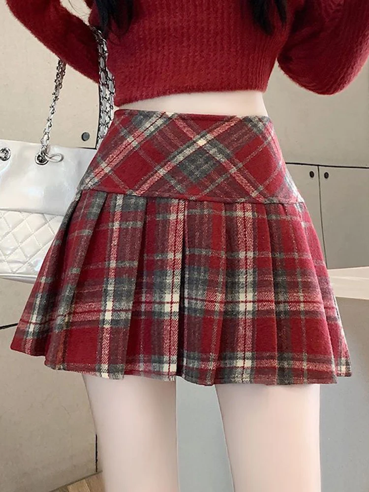 Faux Woolen Plaid Skirt Women High Waist Vintage Fall Winter Sexy Slim Pleated Skirts Retro Lady Sweet Preppy Style A Line Skirt