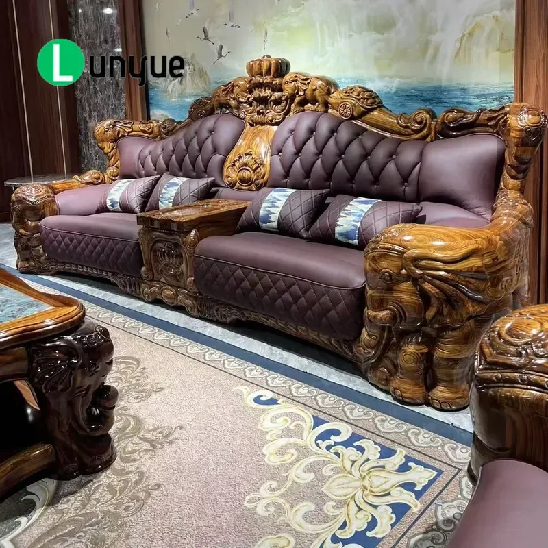 European Style Ebony Solid Wood Single Leather Sofa Luxury Modern Living Room Furniture Comfortable Durable Home Decor Accent