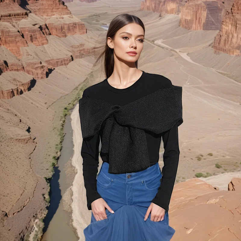 

Fashion Casual Style T-Shirt for Women 2025 Summer New Round Neck Mesh Bowknot Patchwork High-End Long Sleeve Top