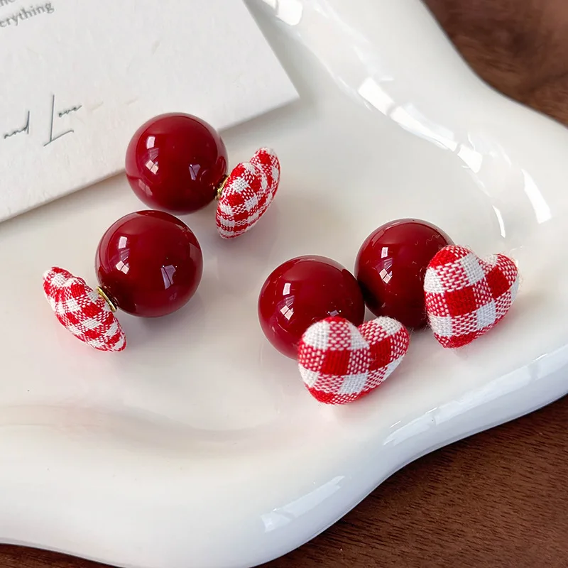 Earrings Plaid Red White Heart Dangle Red Beaded Acrylic Lightweight Cute Preppy Stud for Women Daily Gift