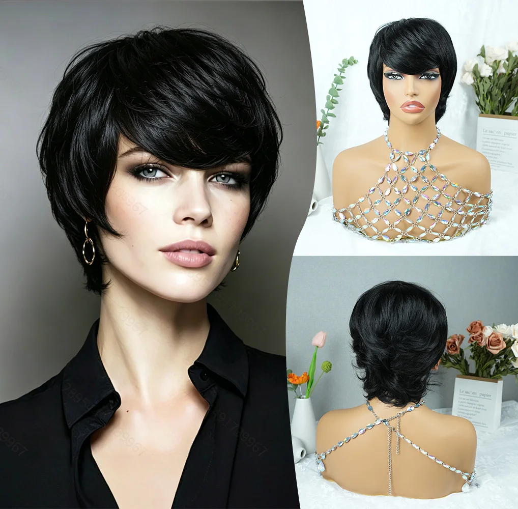 

Women'S Short Straight Black Pixie Human Hair Wig With Bangs Machine Made Pixie Cut Human Hair Textured Face Framing Wig