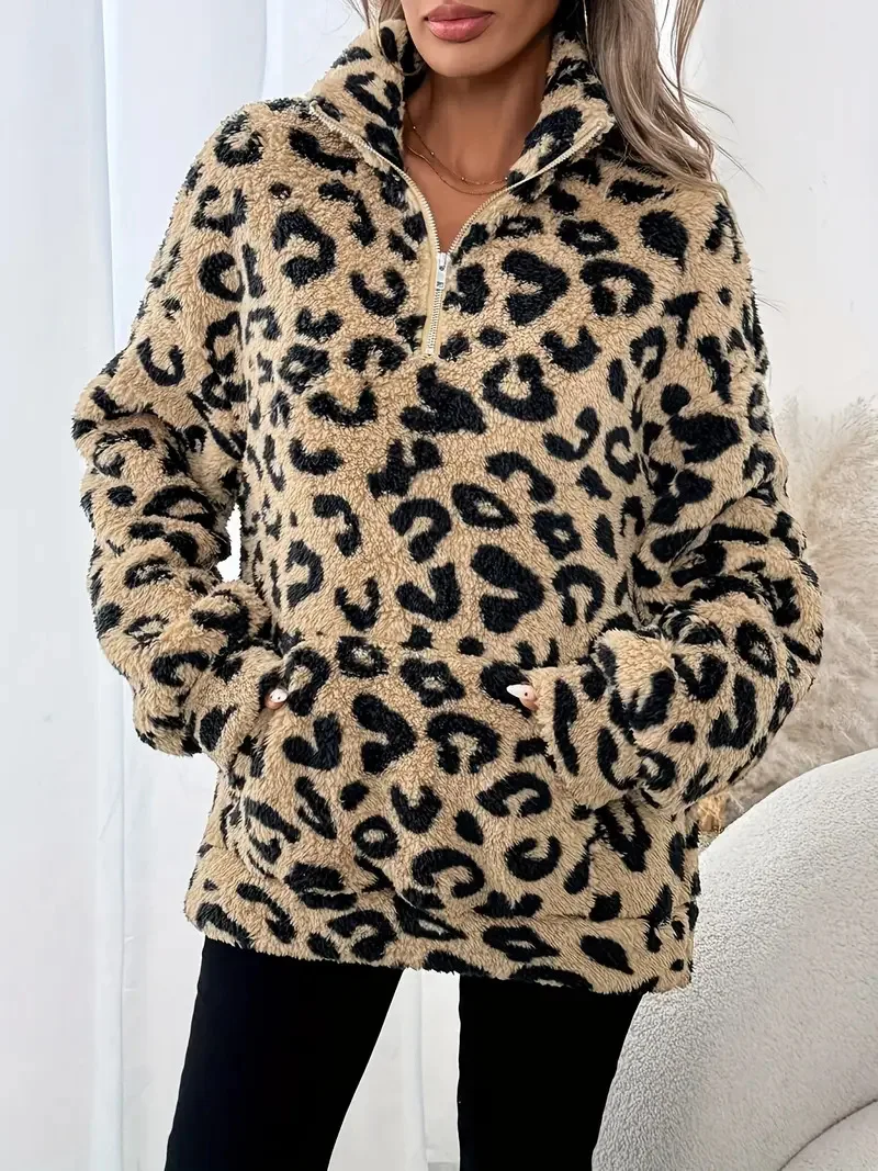 Fashion Leopard Print Sweatshirt For Women Autumn Winter New Casual Warm Plush Long Sleeve Stand Collar Zipper Pocket Top