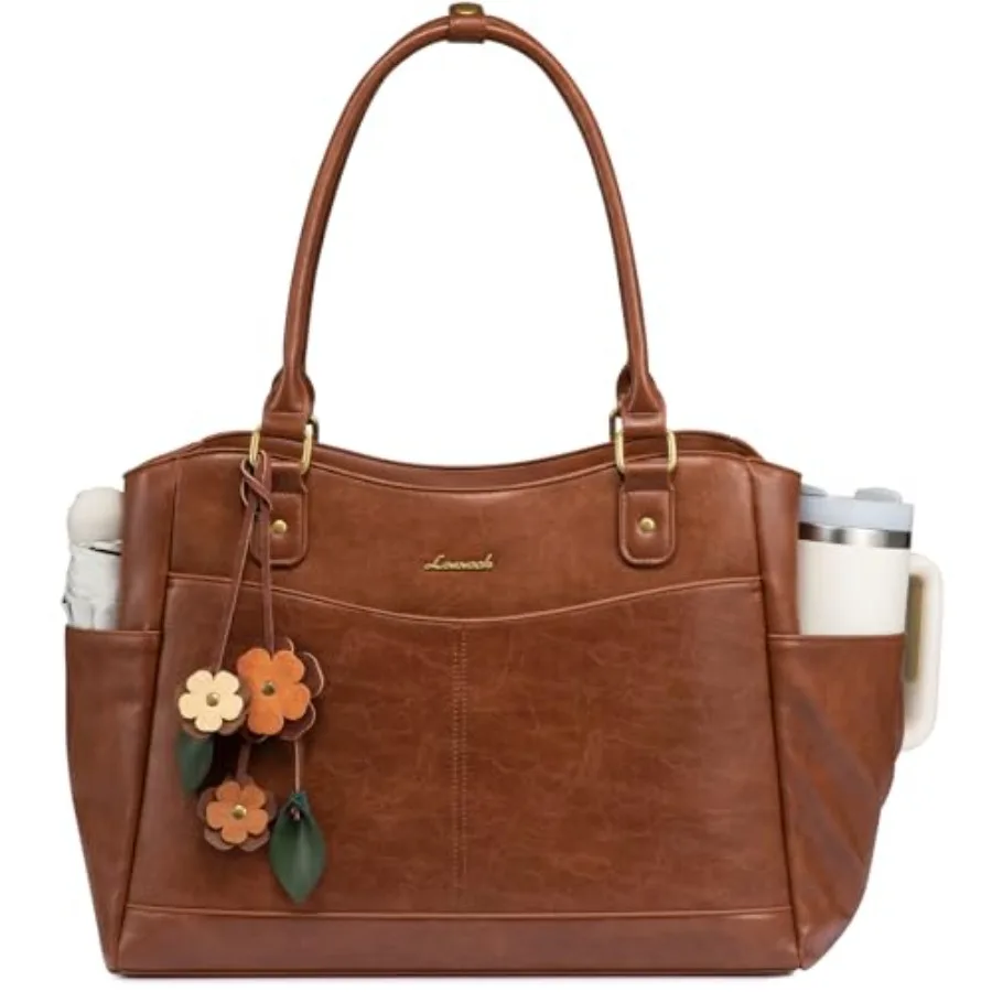 LOVEVOOK Laptop Bag for Women Leather Vintage Work Tote Bag Computer Office Teacher Bag with Large Cup Holder