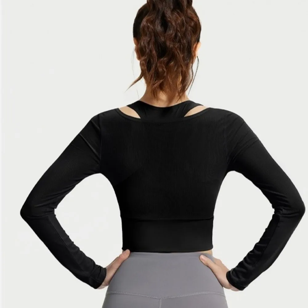 

Топ для фитнеса и йоги с длинными рукавами, сетчатый дизайн для похудения, рубашки для йоги, пуловер с фиксированной накладкой на грудь, футболка для тренировок