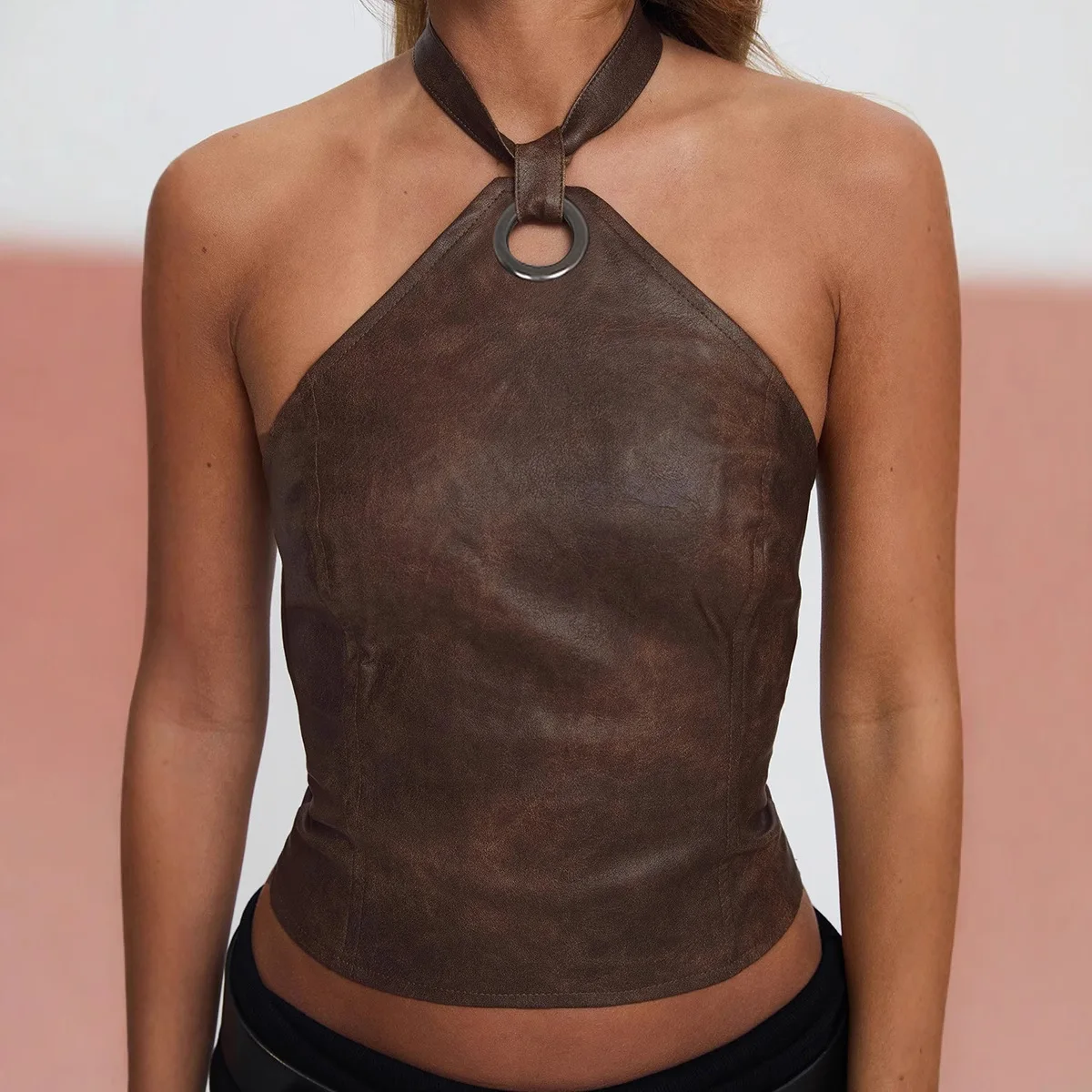 

Sexy Slim Bandage Halter Tops Vintage Pu Leather Backless Sleeveless Tank Tops Women 2025 Summer Fashion Streetwear Lady