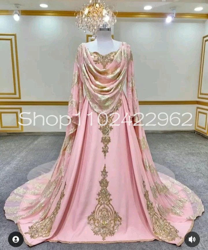 Rose Pink Blousaoranaise Caftan Prom Dresses with Veil Sape Sleeve Gold Lace Applique Mariagealgerien Evening Garment Gown