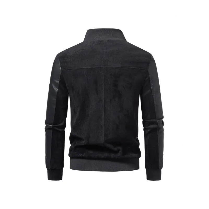Autumn Winter Men's Suede Spliced PU Leather Jacket Stand Collar Zip Casual Coat Multi Pockets Plus Size L‑6XL Male Outerwear