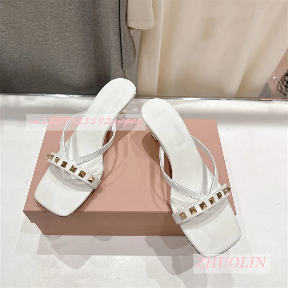 

2026 Summer White Studded Genuine Leather Square Toe Slippers Women'S Luxury Low-Heel Sandals Party Weddings Modern Slippers 41
