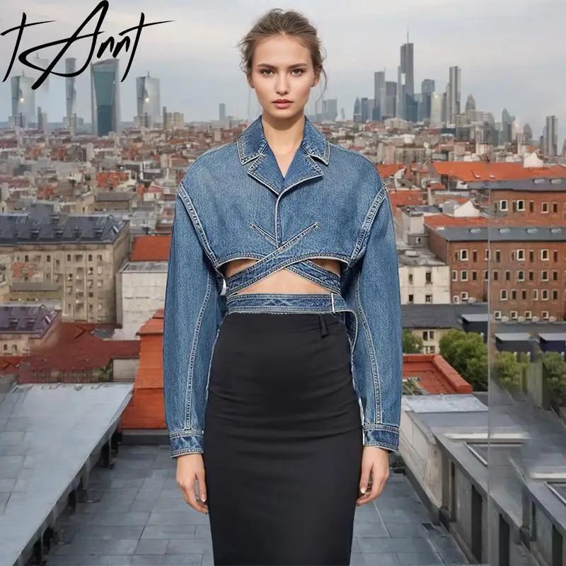 TANNT Women Denim Jacket 2024 Spring Summer New Fashion Hollow Out Cross Lace Up Short Denim Coat Blue Jean Tops All Match