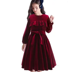 Girl Fall Long Sleeve Velvet Dress Black Green Red Dresses Child Kid Size 3 4 5 6 7 8 9 10 11 12 Years Old Winter Clothing