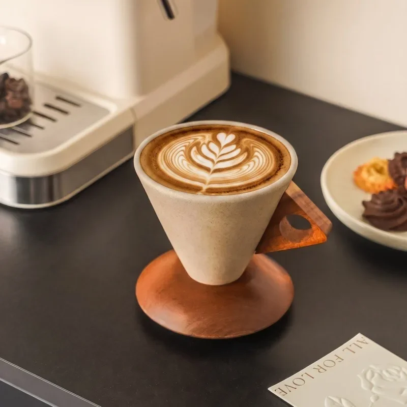 Creative Irregular Natural Wood Ceramic Coffee Cup Funnel-Shaped Rough Pottery Cup with Saucer Breakfast Coffee Mug Dessert Mug