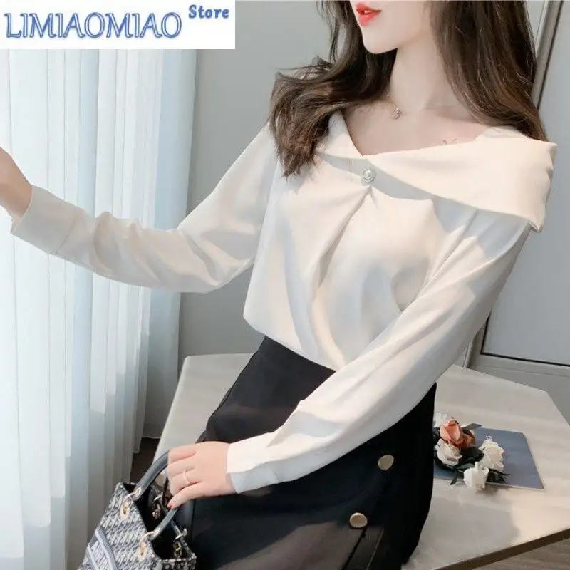 

Temperament Fashion Button Ornament Blouse New Classic Long Sleeve Slim Slash Neck Autumn All-match Chiffon Pullover Shirt