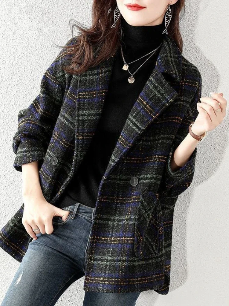 Fashion Mid Length Version Coat Korean Version Jackets for Women Plaid Suit Woolen Jacket New Loose Check Woman Winter Coat