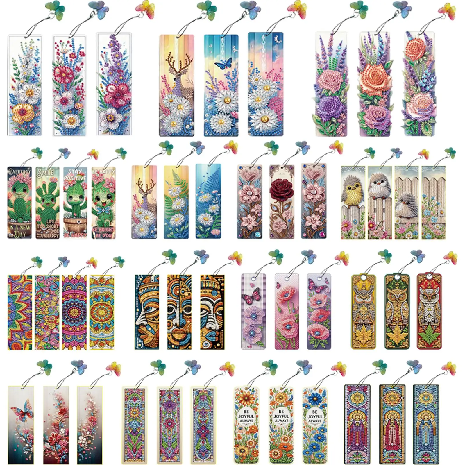

3Pcs Flower Patterns DIY with Butterfly Pendants Diamond Painting Art Bookmarks for Readers Home Office Book Decor & Gift Idea