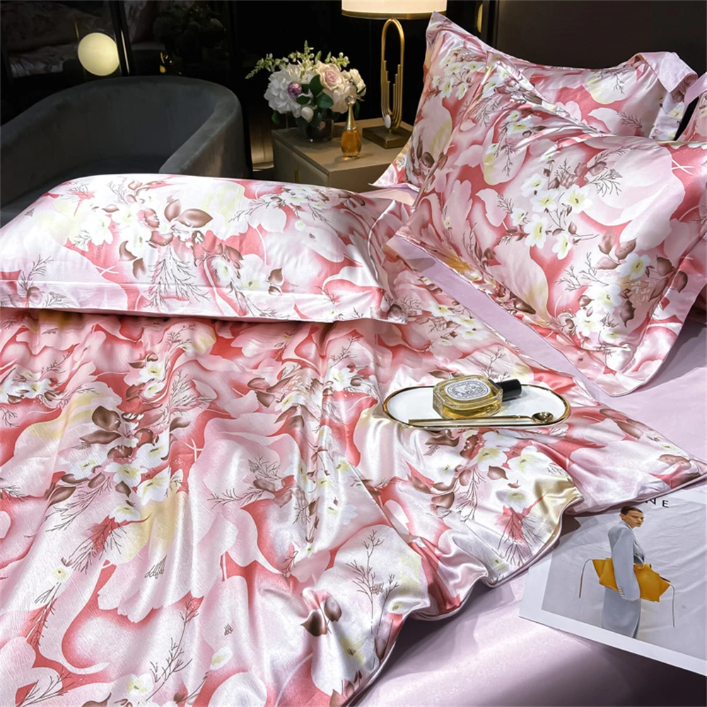 Luxury Natural Silky Bedding Set Single Double Queen King Size Printing Quilt Cover Set Silk Satin Duvet Cover Set Bedroom Decor