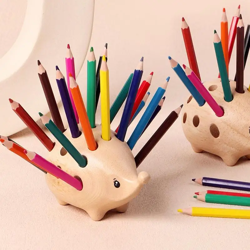 Hedgehog Pen Holder 24 Colorful Pencils Wooden Pencil Holder For Desk Decor Wooden Animal Statue Organizer With Holes For