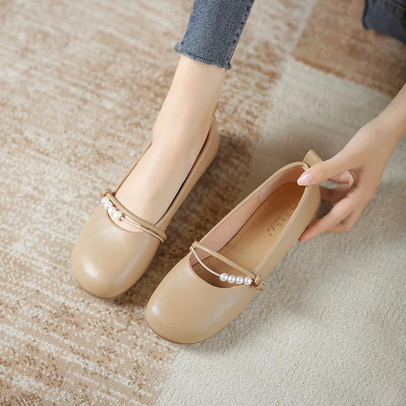 

Brand Ballet Flats Shoes Women Round Toe Slip On Loafers String Bead Shallow Slides Flats Mary Janes Plus Size Apricot Khaki