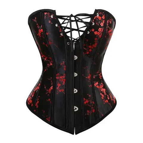 Corset Overbust Top Plus Size Sexy Bustier Lace-Up Flower Print Brocade Push Women Renaissance Victorian Corselet