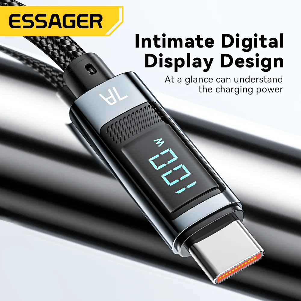 Essager 7A 100W USBA a tipo C Cable de carga súper rápido Cable de datos de nailon para iPhone Xiaomi Samsung con Cable de pantalla Digital Led