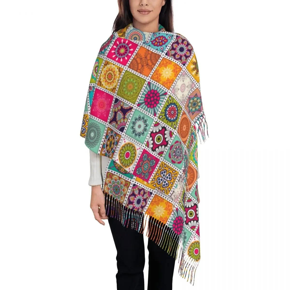 Custom Arabic Indian Ethnic Floral Mandalas Pattern Tassel Scarf Women Winter Warm Shawl Wrap Lady Scarves