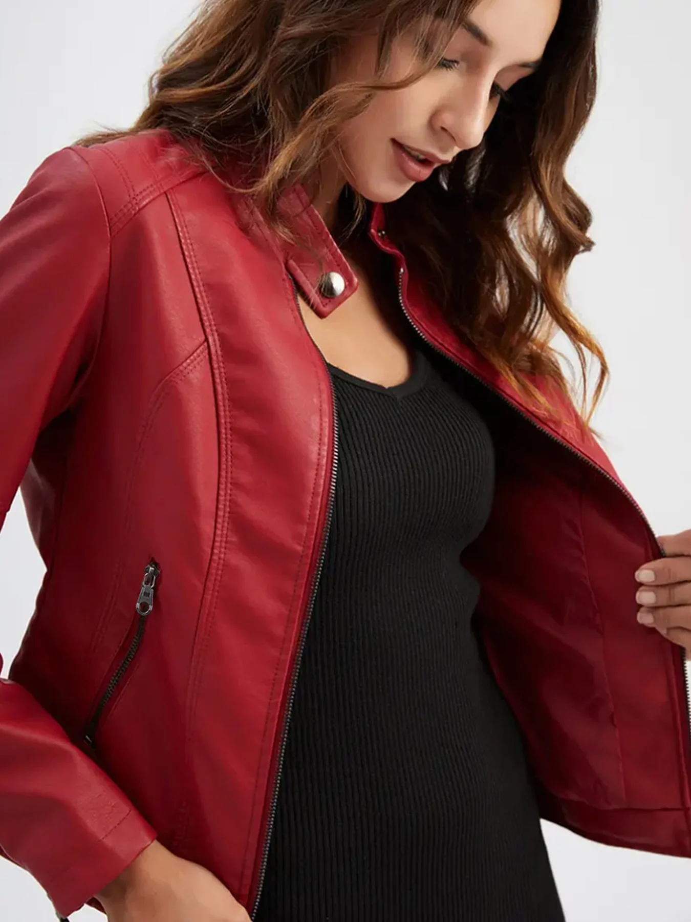 

New European and American cross-border fashion elegant women's long-sleeved solid color zipper design women's PU cool motorcycle